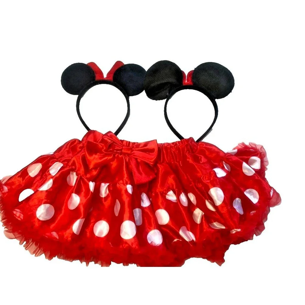 Disney Minnie Mouse Skirt Red Polka Dot Ruffled Tulle Costume w/ Ears -Size 4 T